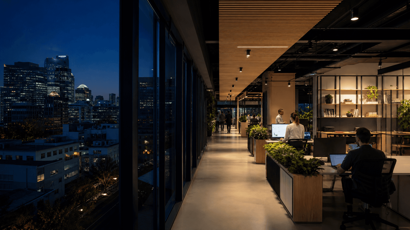 Modern software engineering workplace at blue hour