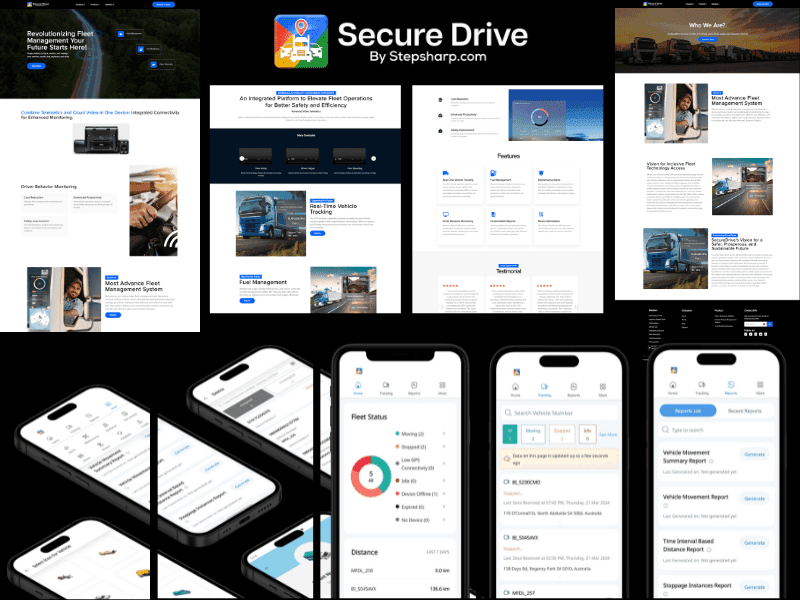 Secure Drive fleet-management website and mobile application screens