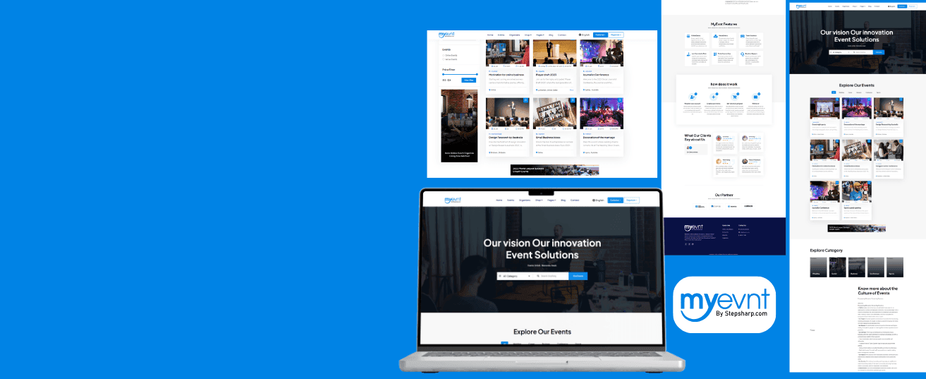 Myevent event discovery and event-management website screens