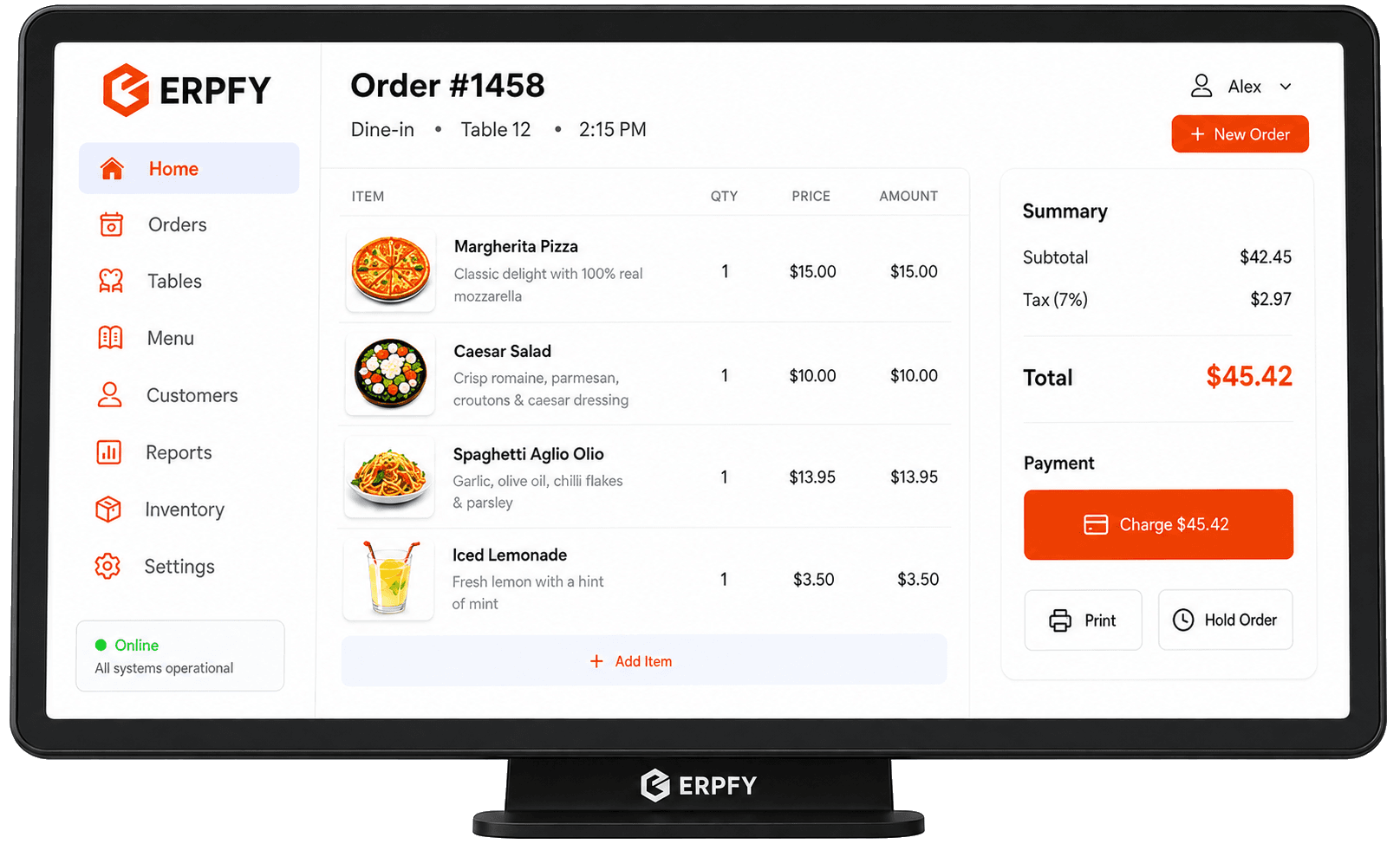 ERPFY restaurant point-of-sale order screen