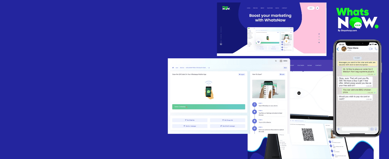 WhatsNow business messaging and WhatsApp automation product screens