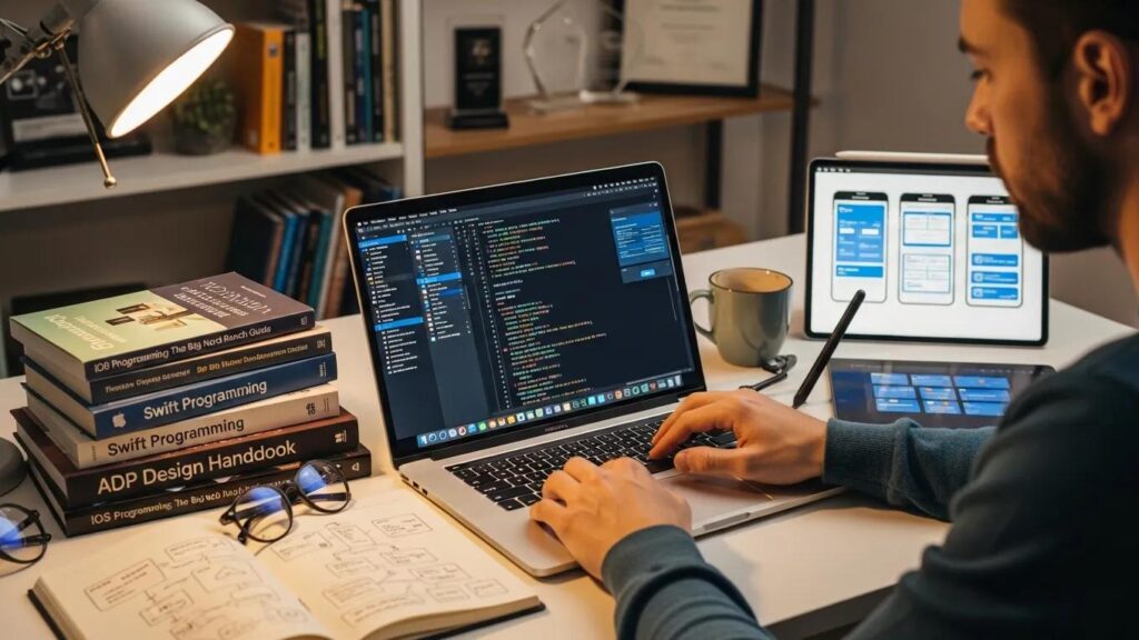 iOS developer focused on code with reference materials nearby, illustrating core skills and qualifications